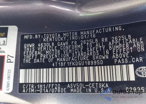 2016 Toyota Camry Se z USA, uszkodzony, nr VIN 4T1BF1FK0GU189950